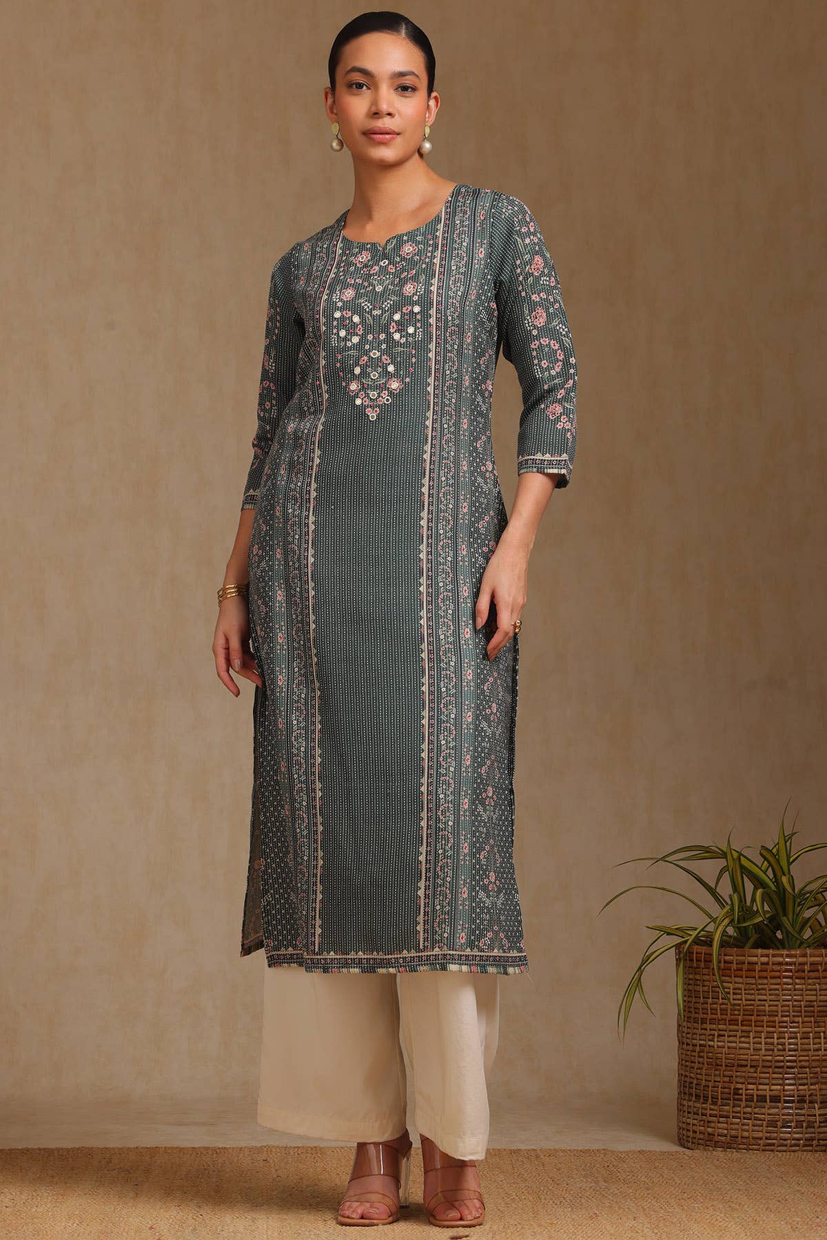 Olive Rayon Botanical Printed Kurta With Mirror Work - Image 2