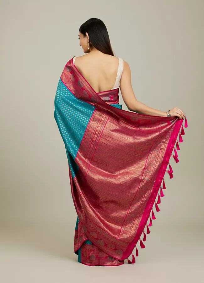 Rama Green Buta Patterned Saree with Floral Leaf Border - Image 3